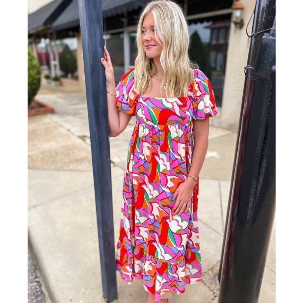 Storia Multi-Color Abstract Short Sleeve Puff Sleeve Baby Doll Midi Dress Medium